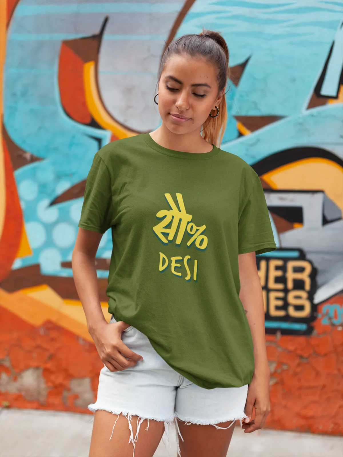 Olive Green Desi Vibes 10096 Cotton "100% Desi" T-Shirt For Men