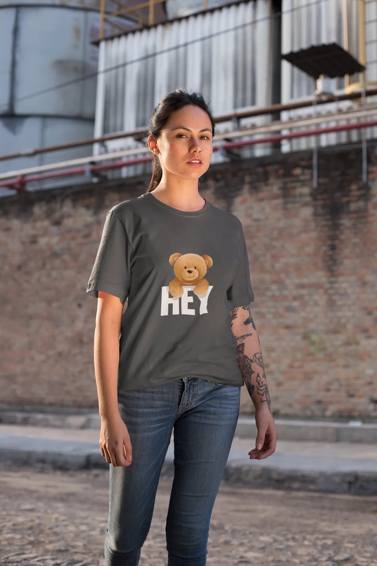 Grey Cozy Bear Cotton Teddy Print T shirt For Women