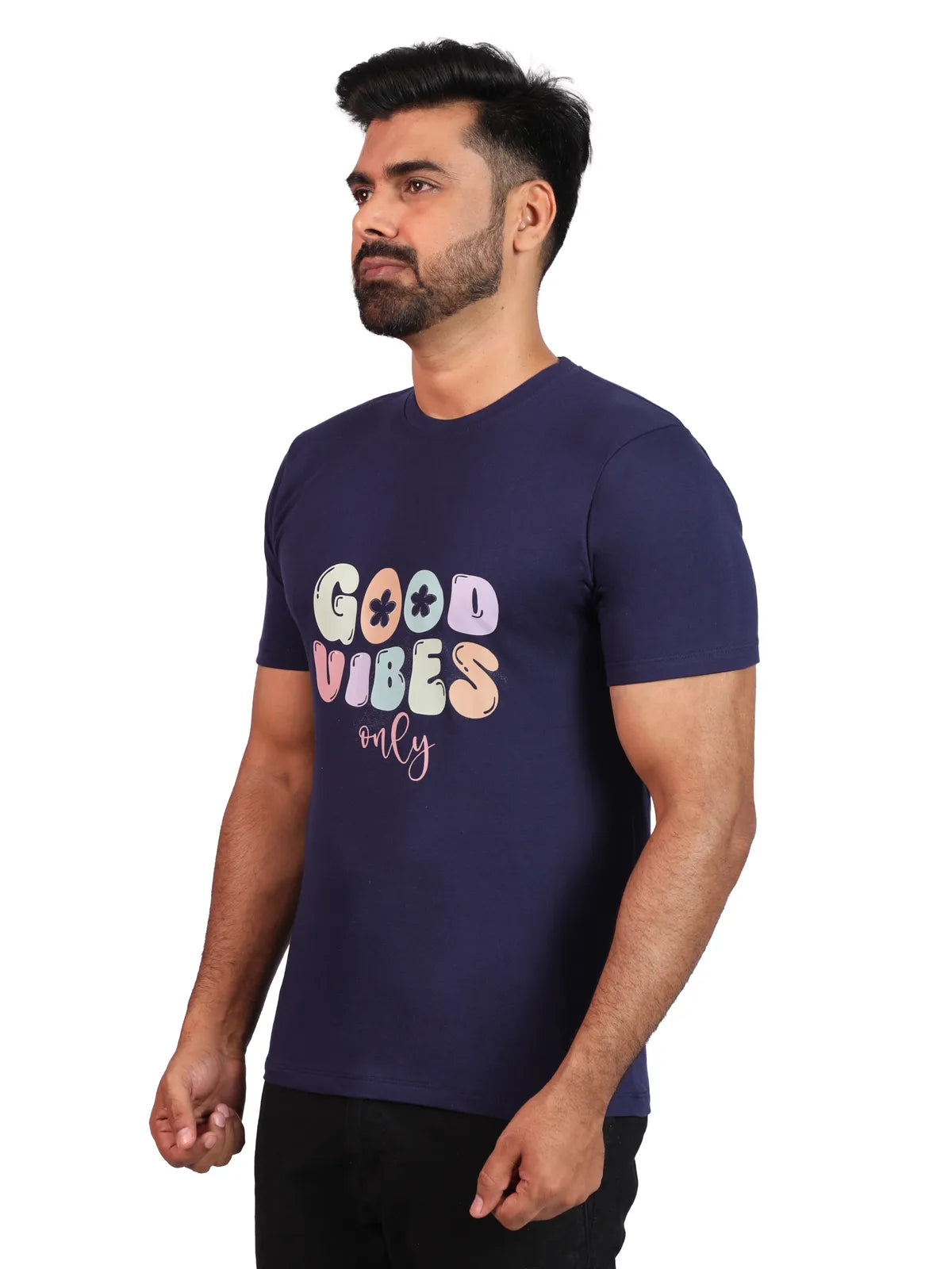 Navy Good Vibes Only Premium Cotton Tee — Chill Mode Edition