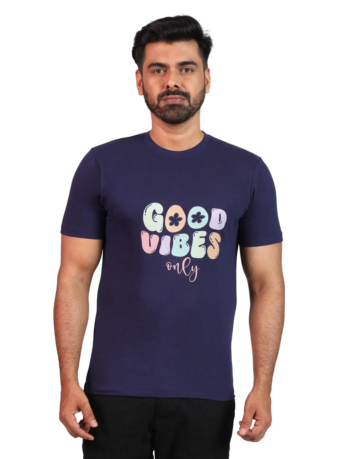 Navy Good Vibes Only Premium Cotton Tee — Chill Mode Edition