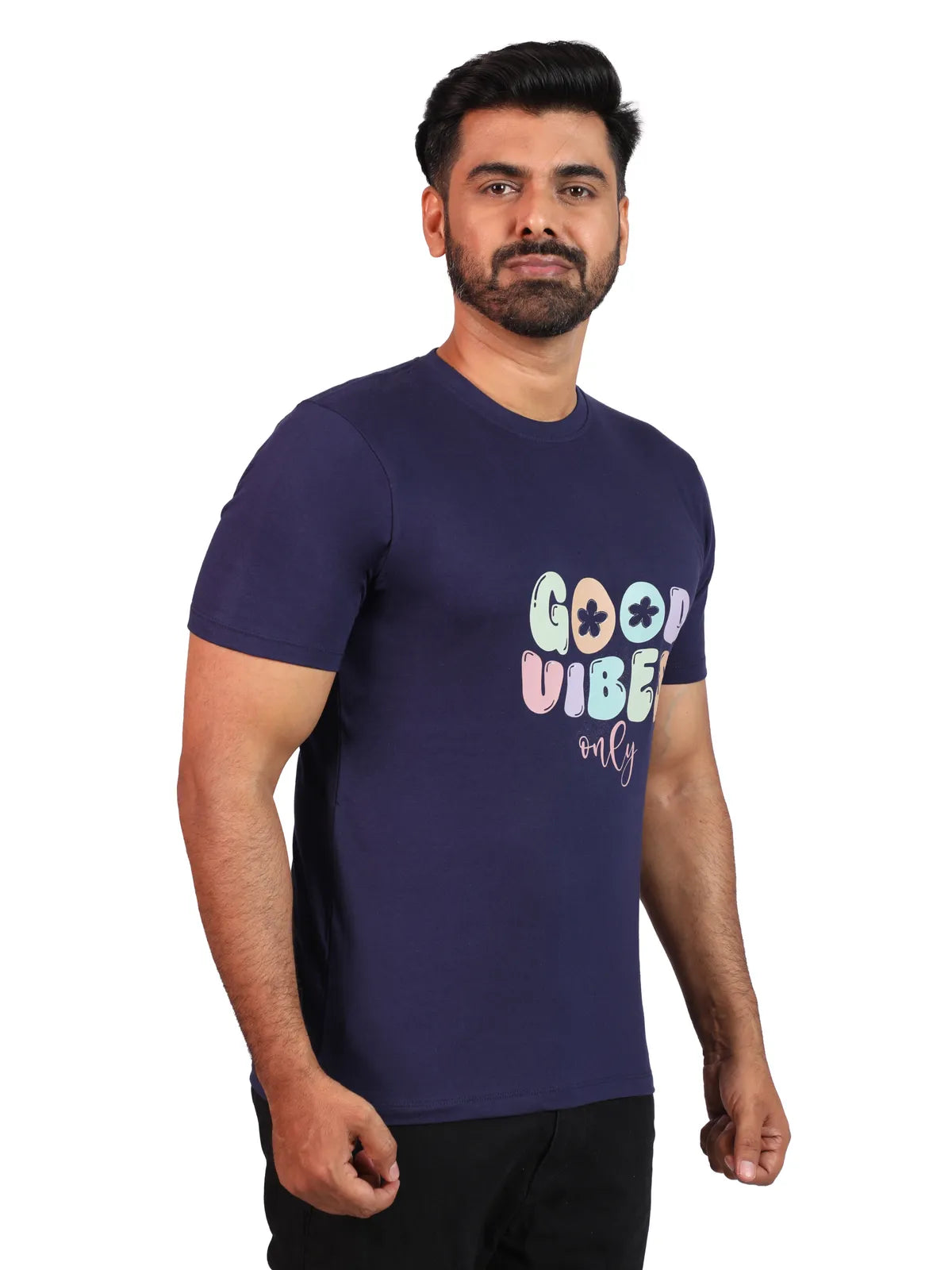 Navy Good Vibes Only Premium Cotton Tee — Chill Mode Edition