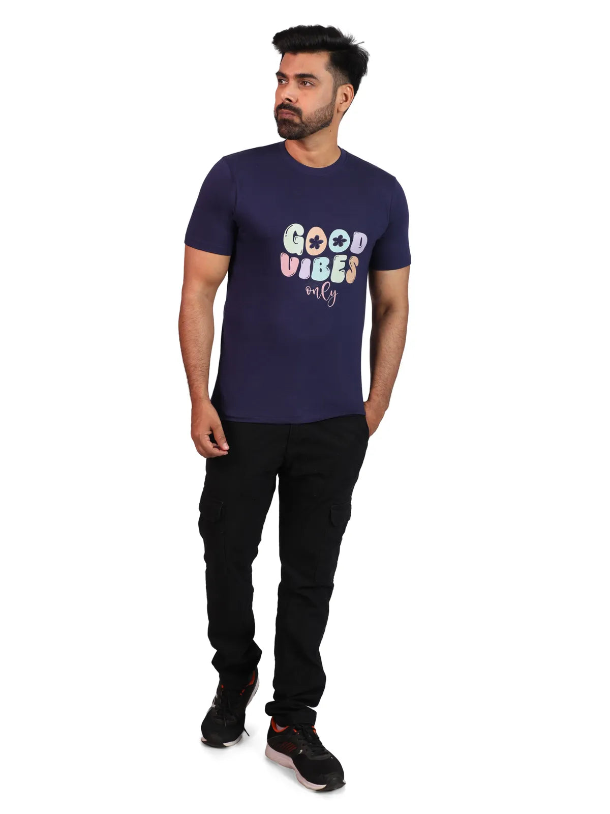 Navy Good Vibes Only Premium Cotton Tee — Chill Mode Edition