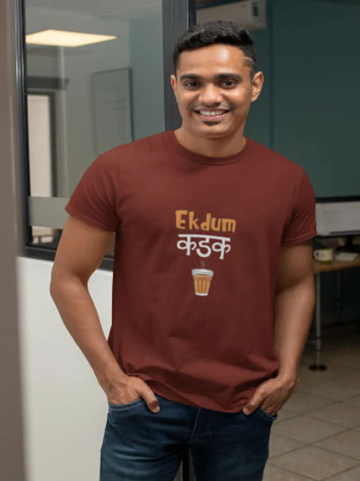 Maroon Chai Vibes Cotton Tea Lovers T Shirt For Men