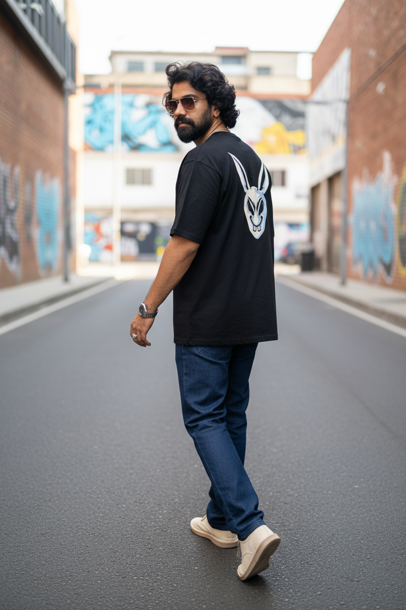 Angry Rabbit  Black Oversized Tee