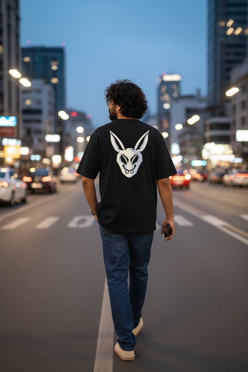 Angry Rabbit  Black Oversized Tee