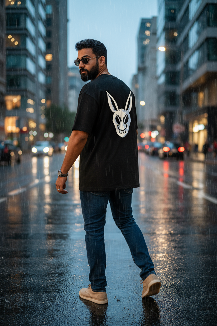 Angry Rabbit  Black Oversized Tee