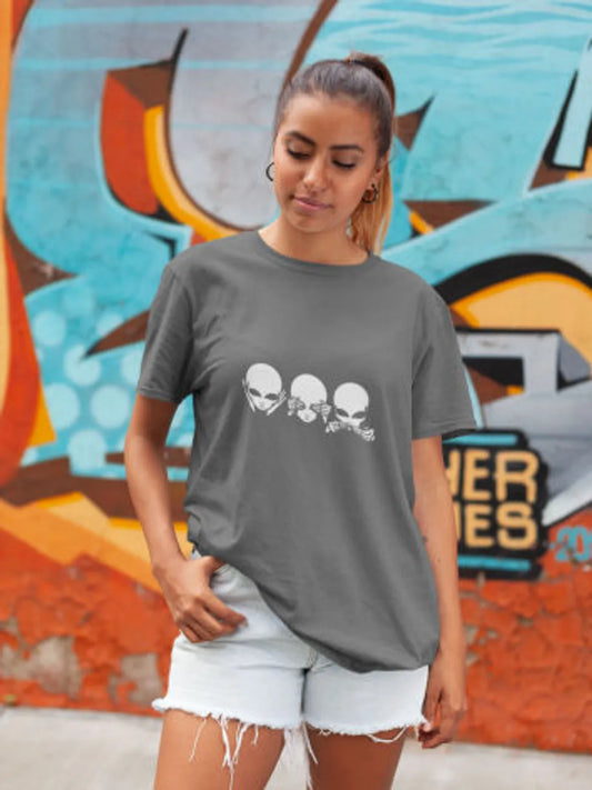 Grey Gandhi Vibe Cotton Three Monkeys Skeleton T Shirt For women