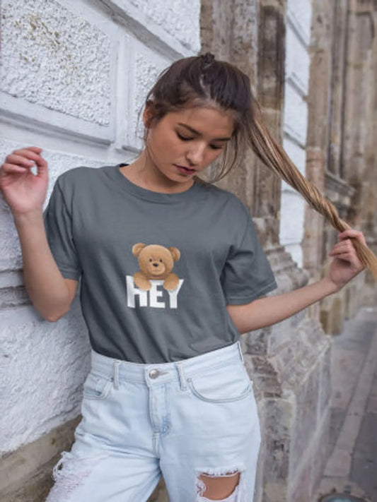 Grey Cozy Bear Cotton Teddy Print T shirt For Women