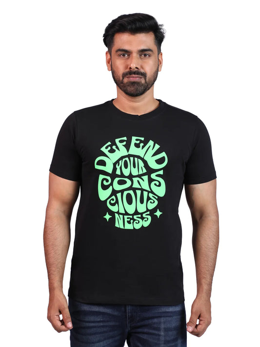 Black Defend Your Consciousness Premium Cotton Tee — Mental Warrior Edition