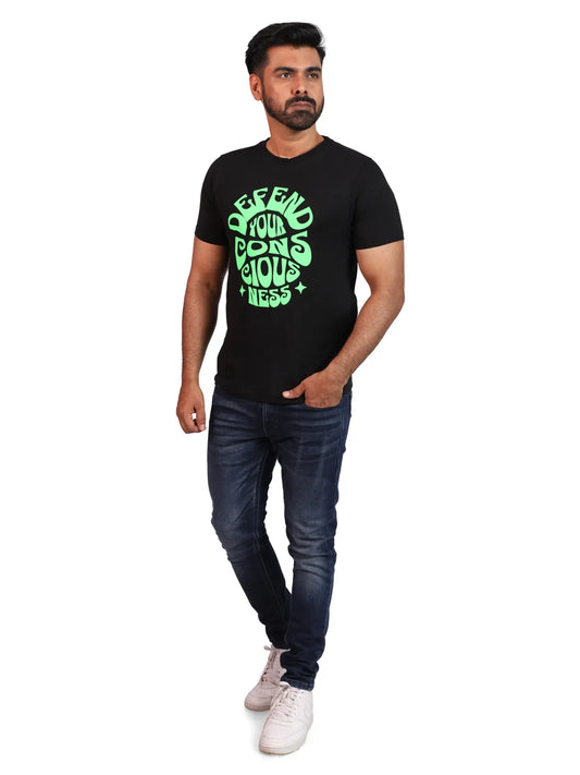 Black Defend Your Consciousness Premium Cotton Tee — Mental Warrior Edition