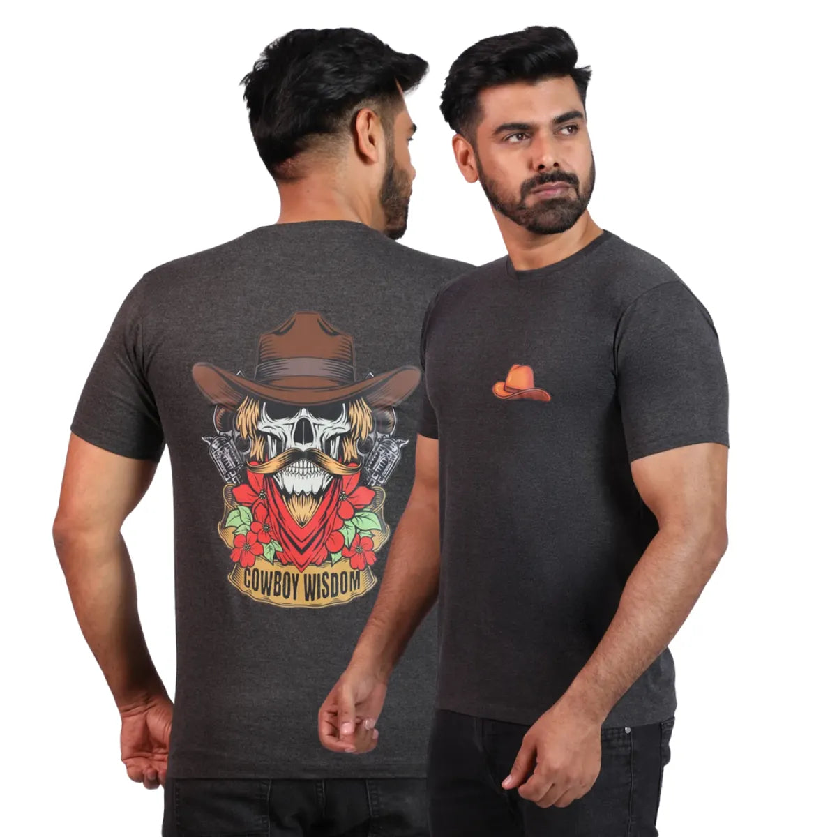 Grey Outlaw Sage Premium Cotton Tee — Cowboy Skull Wisdom Edition