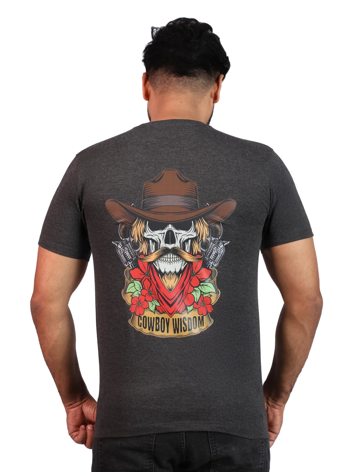 Grey Outlaw Sage Premium Cotton Tee — Cowboy Skull Wisdom Edition