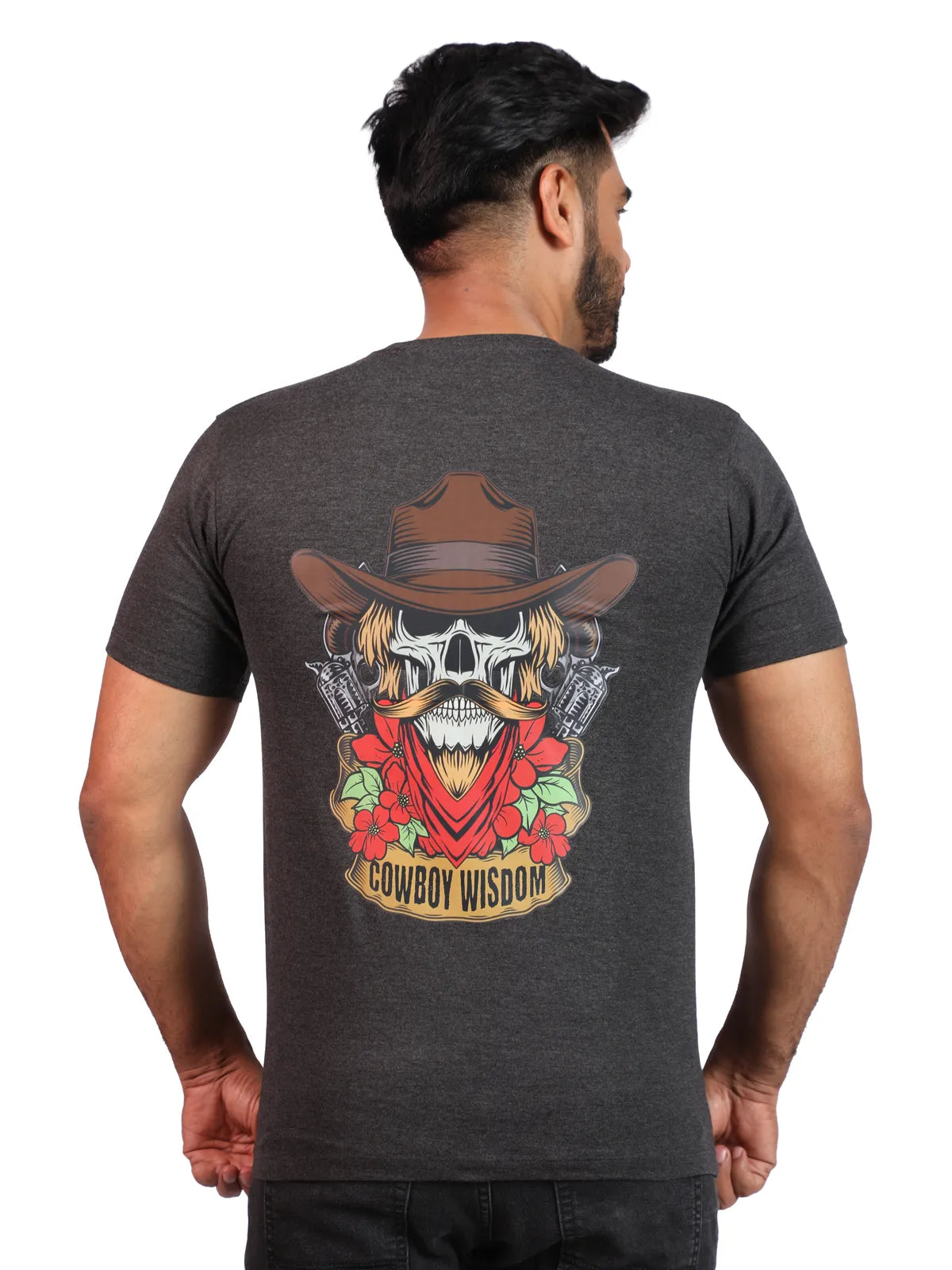 Grey Outlaw Sage Premium Cotton Tee — Cowboy Skull Wisdom Edition