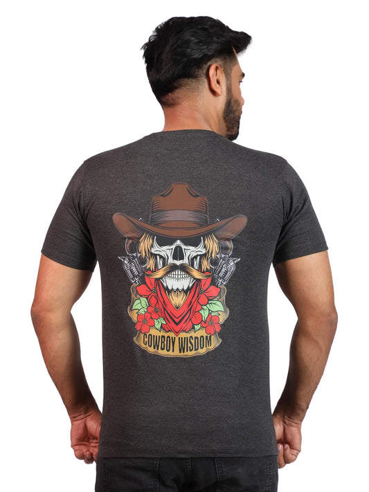 Grey Outlaw Sage Premium Cotton Tee — Cowboy Skull Wisdom Edition