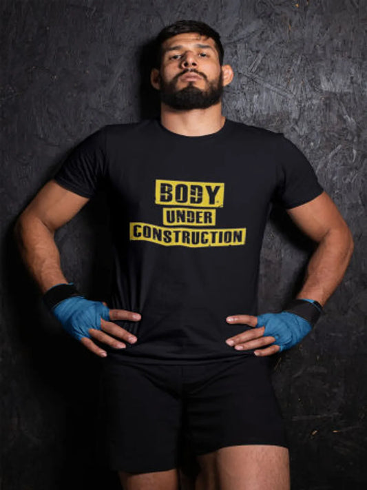 Black Fit Mode Cotton Body Under Construction T Shirt For Men