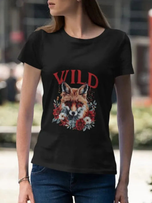 Black Wild wolf Cotton Round Neck T Shirt For Women