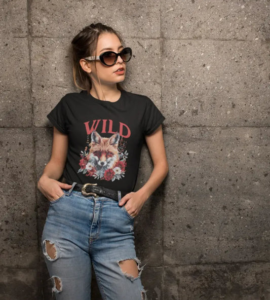 Black Wild wolf Cotton Round Neck T Shirt For Women