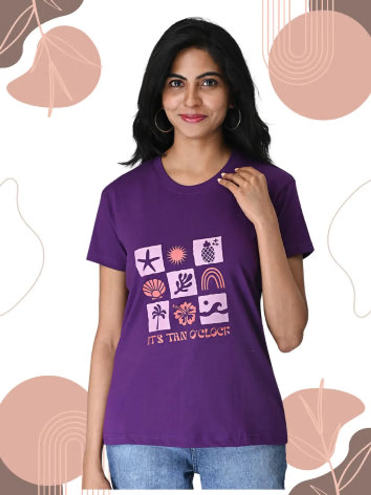Purple "It's Tan O'Clock" T Shirt - 100% Cotton Regular Fit For Women