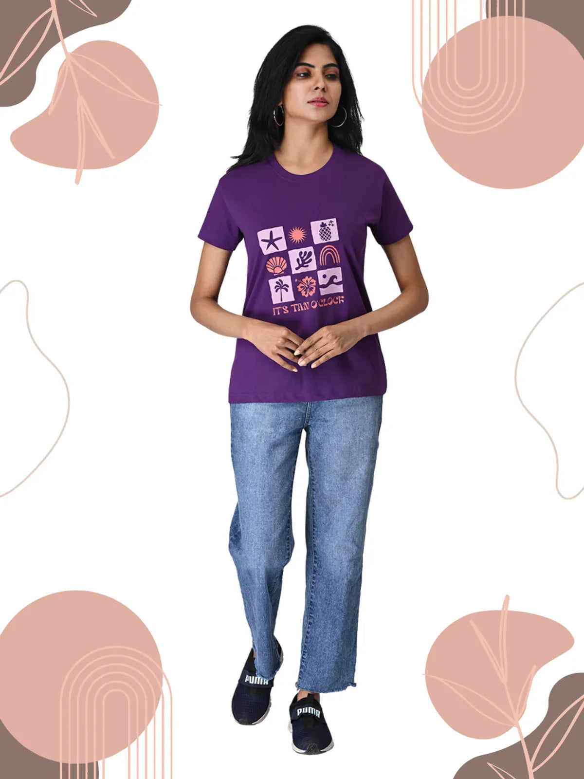 Purple "It's Tan O'Clock" T Shirt - 100% Cotton Regular Fit For Women