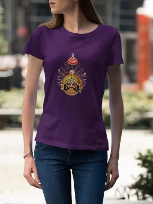Purple Yaksha Art Cotton rund Neck T Shirt For Women