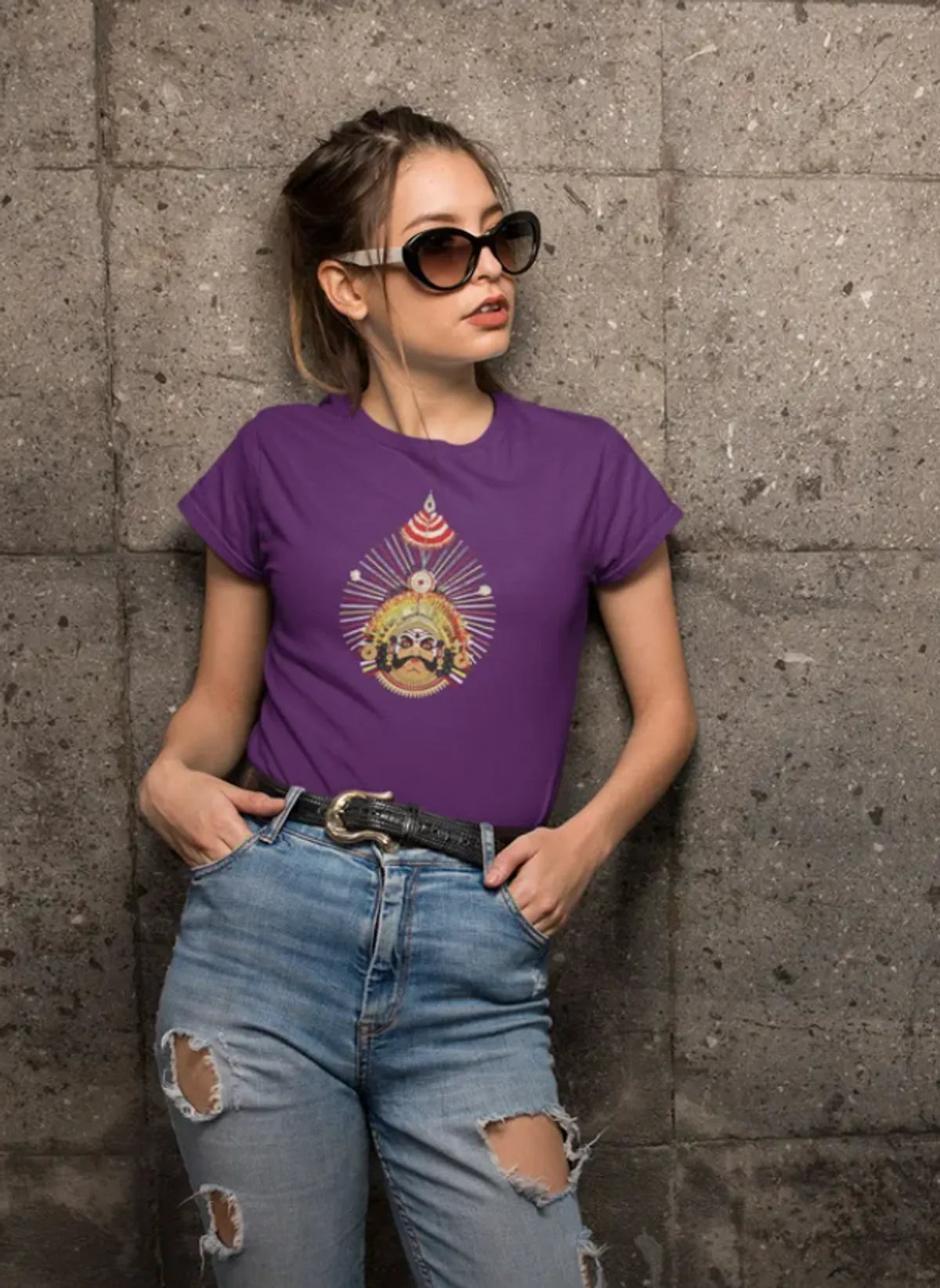 Purple Yaksha Art Cotton rund Neck T Shirt For Women