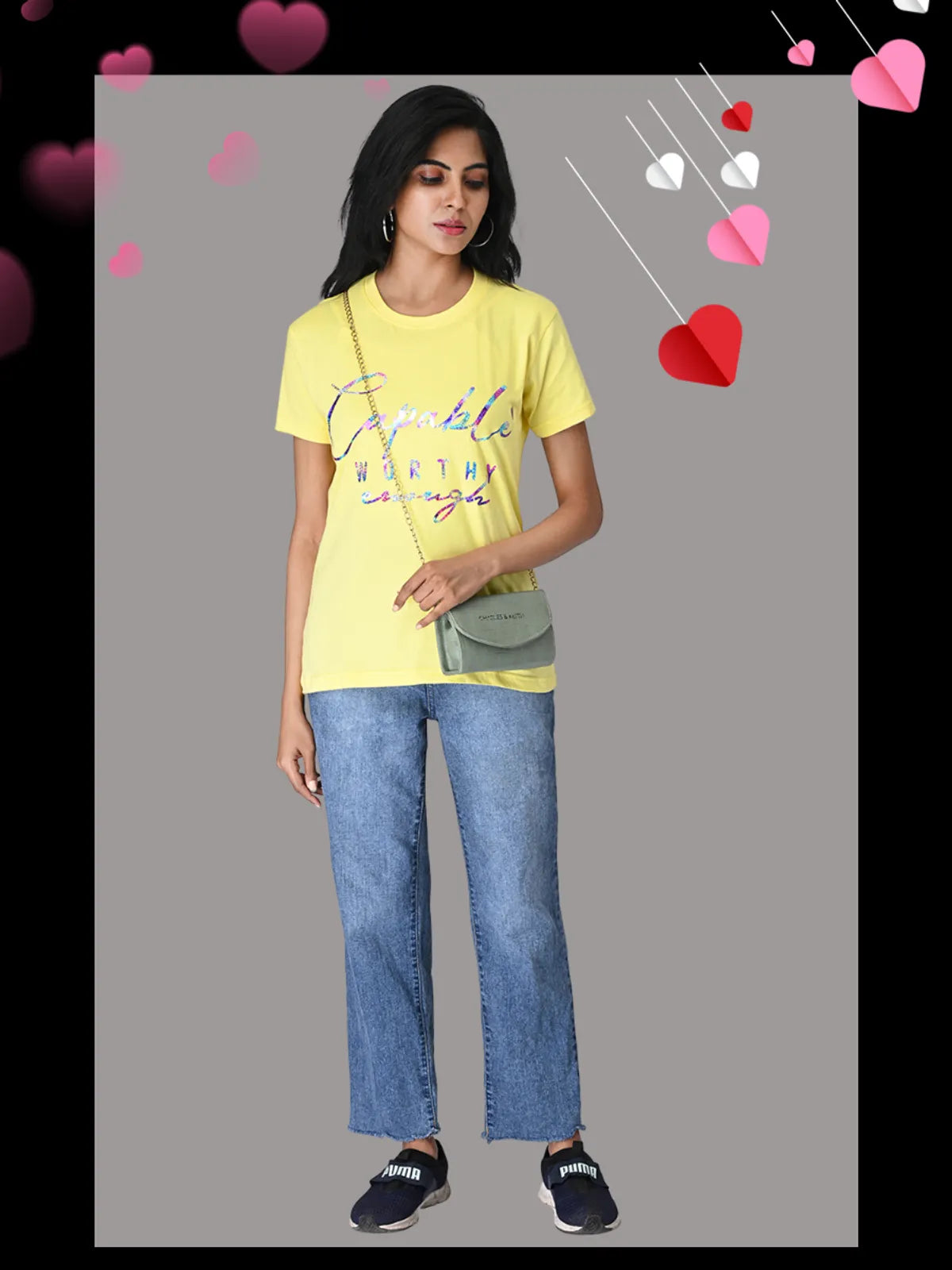 Yellow "Capable Enough" Glitter T Shirt - 100% Cotton Regular Fit For Women