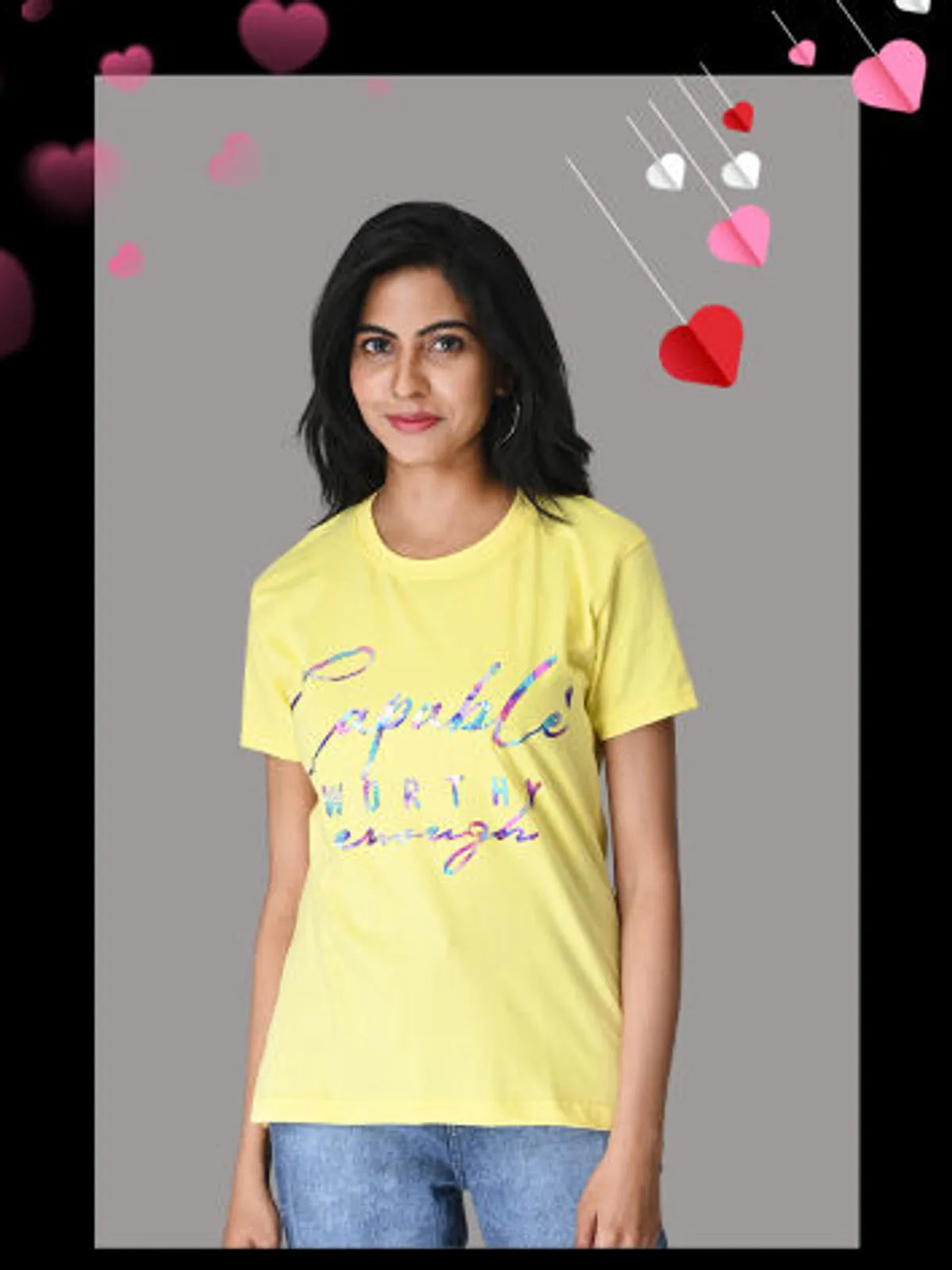 Yellow "Capable Enough" Glitter T Shirt - 100% Cotton Regular Fit For Women