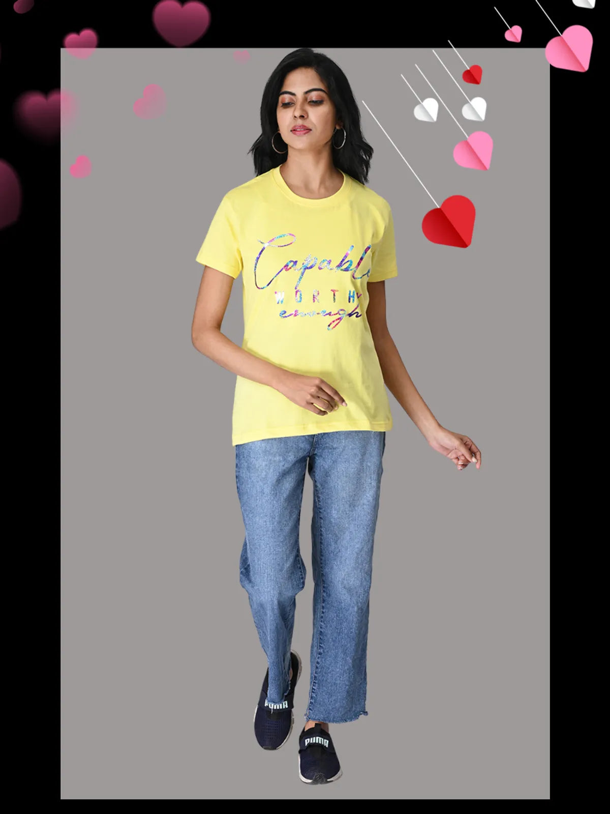 Yellow "Capable Enough" Glitter T Shirt - 100% Cotton Regular Fit For Women