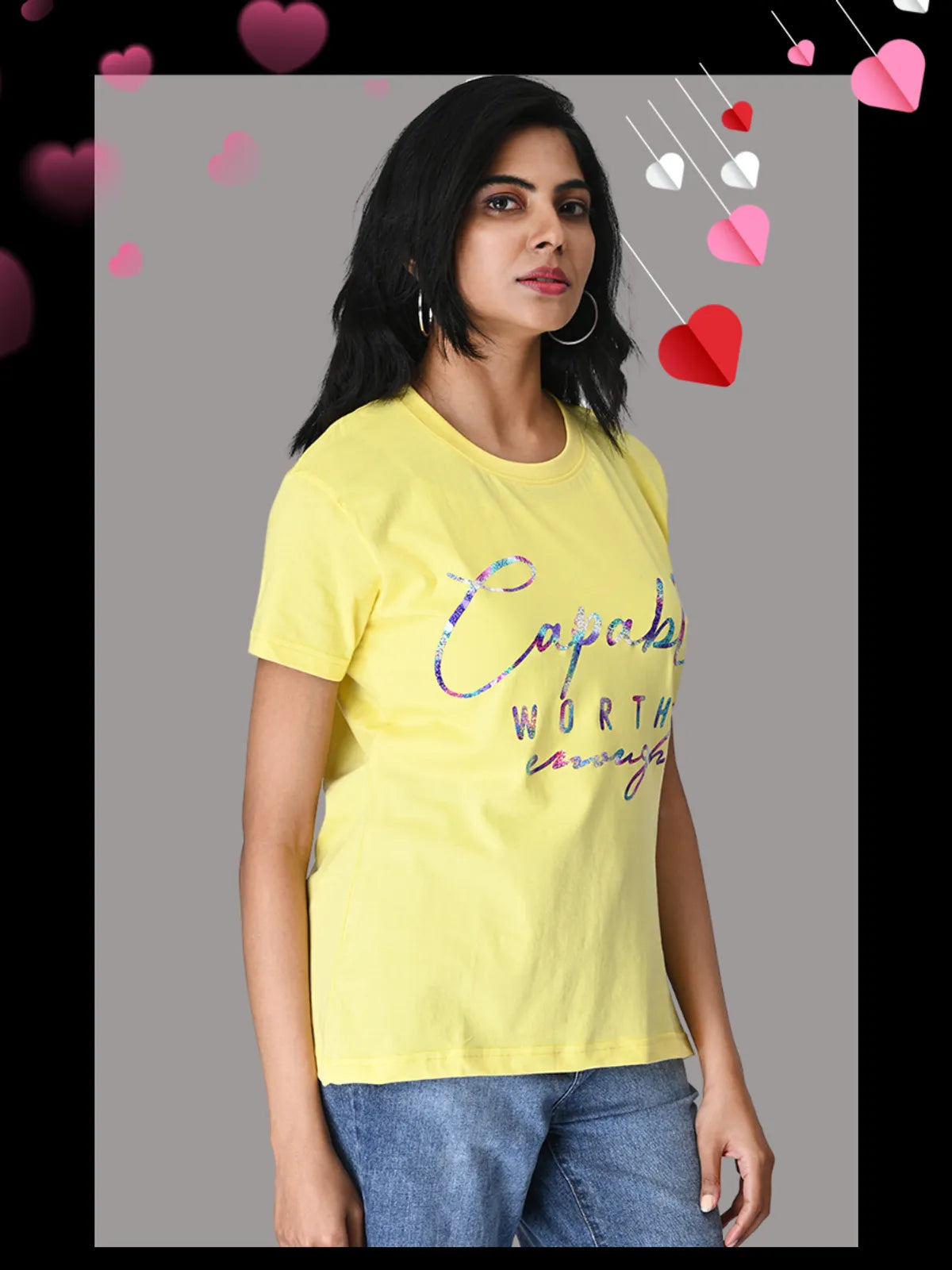 Yellow "Capable Enough" Glitter T Shirt - 100% Cotton Regular Fit For Women