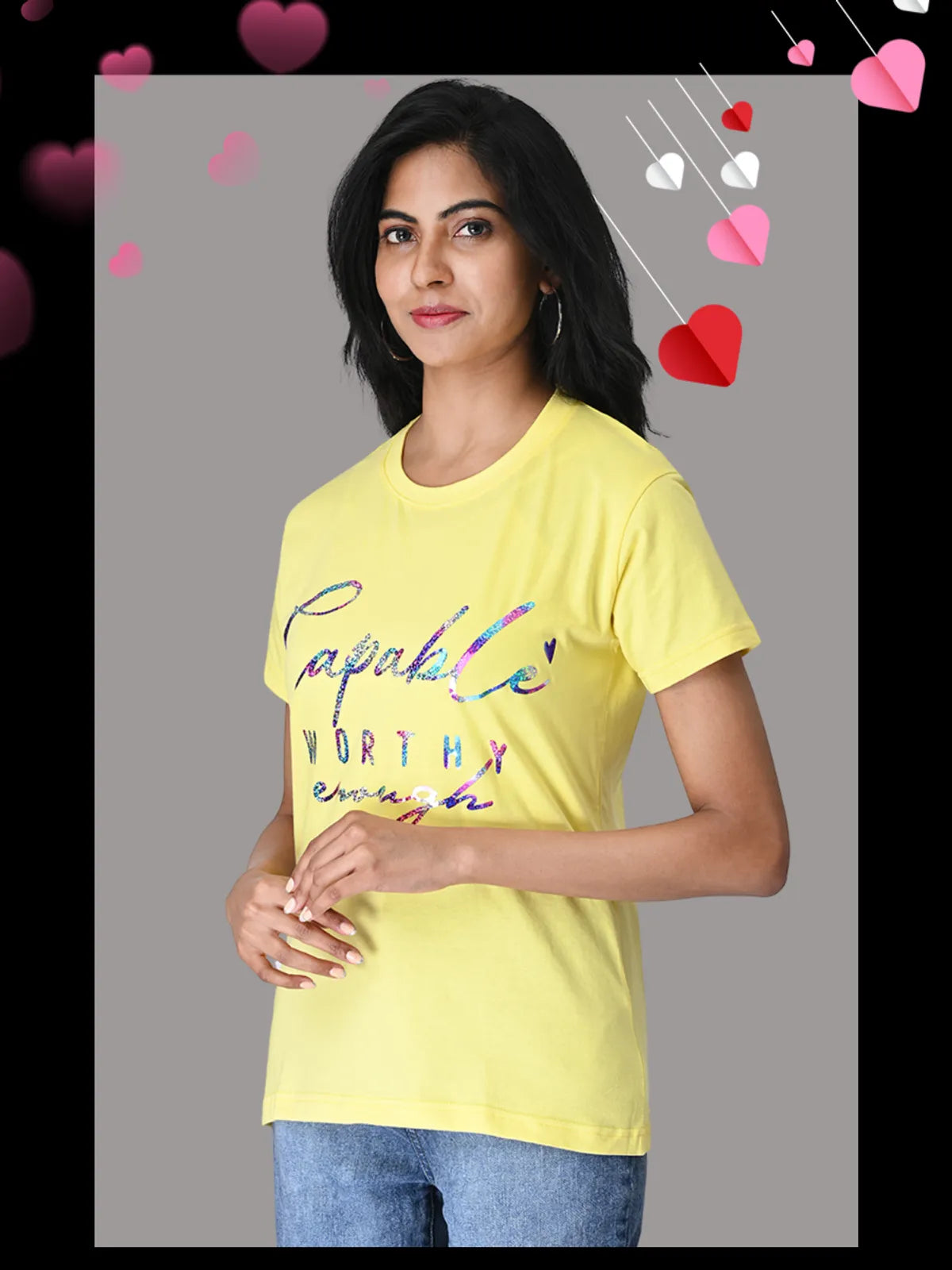 Yellow "Capable Enough" Glitter T Shirt - 100% Cotton Regular Fit For Women