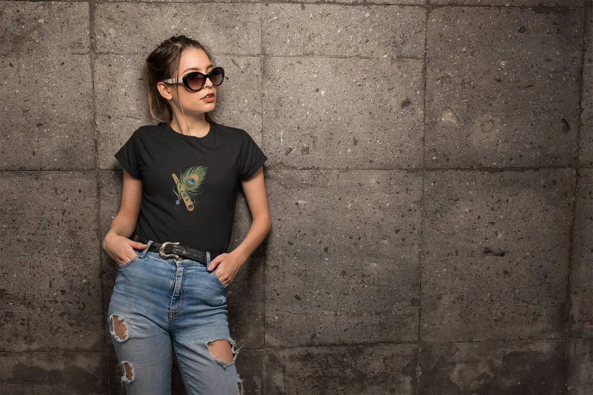 Black Divine Melody Cotton Round Neck T Shirt For Women