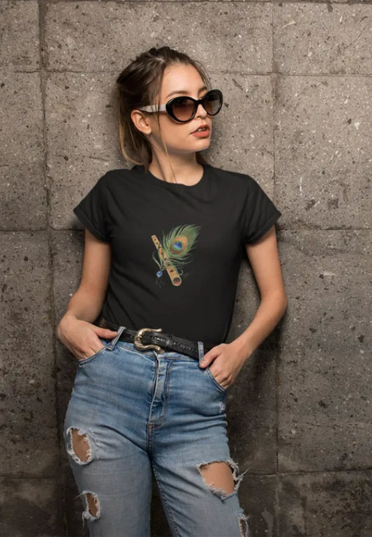 Black Divine Melody Cotton Round Neck T Shirt For Women