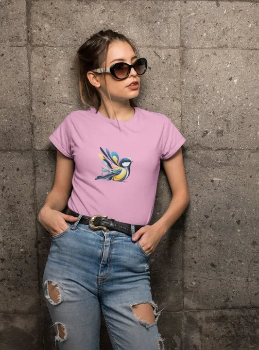 Light Pink Sparrow Spirit Cotton Round Neck T Shirt For Women