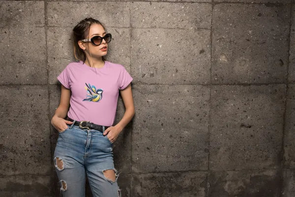Light Pink Sparrow Spirit Cotton Round Neck T Shirt For Women