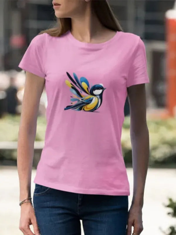 Light Pink Sparrow Spirit Cotton Round Neck T Shirt For Women